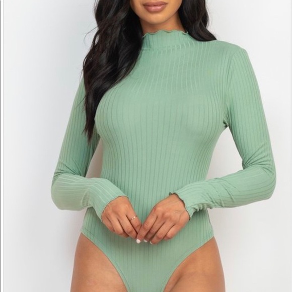 WOMEN SAGE GREENBAY RIBBED LONG SLEEVE MOCK NECK THONG BODYSUIT - Picture 4 of 6